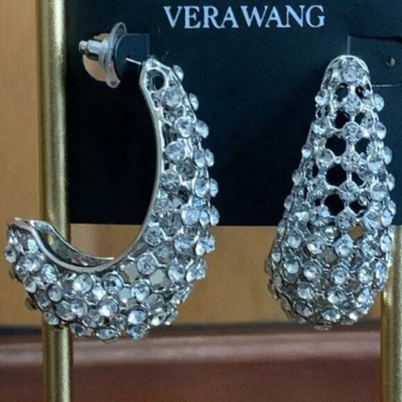 VERA WANG Glamorous Silver Clear Crystal 1.75" C Hoop Statement Earrings**NEW! - Picture 2 of 3